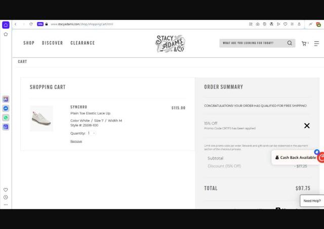 Stacy Adams checkout page showing Stacy Adams promo code box | Screenshot taken by SimplyCodes community member on Sep 19, 2025