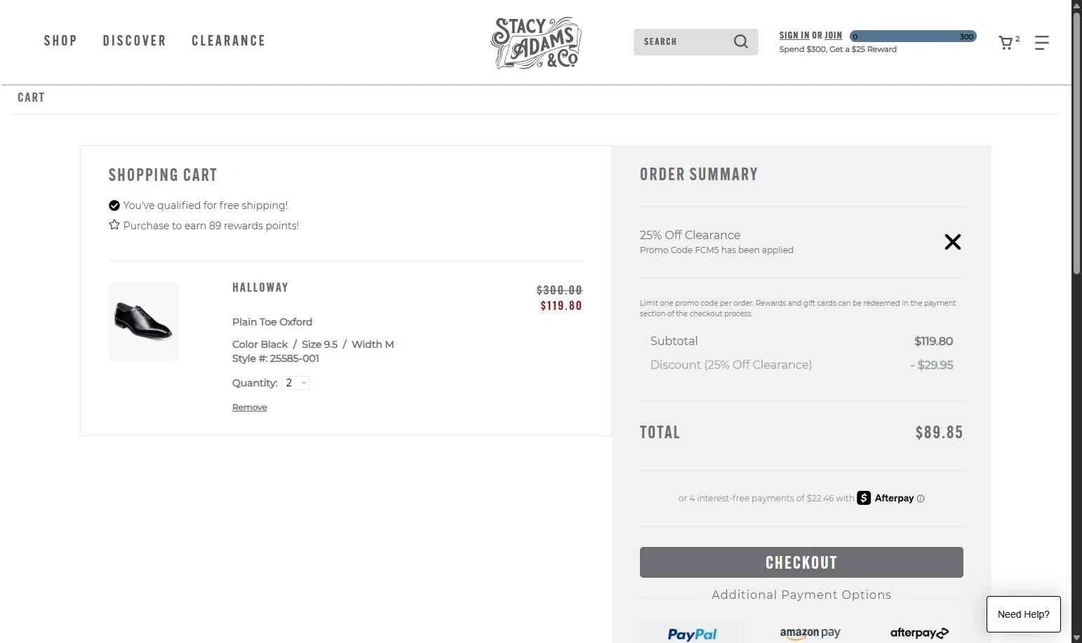 Stacy Adams checkout page showing Stacy Adams promo code box | Screenshot taken by SimplyCodes community member on Jan 13, 2026