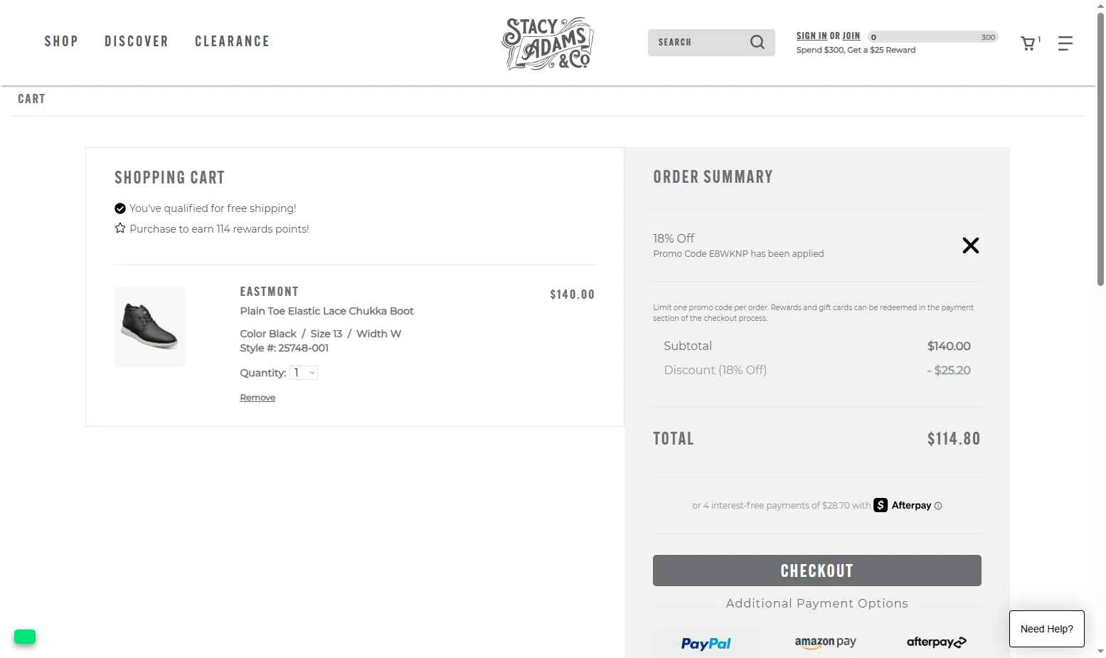 Stacy Adams checkout page showing Stacy Adams promo code box | Screenshot taken by SimplyCodes community member on Dec 17, 2025
