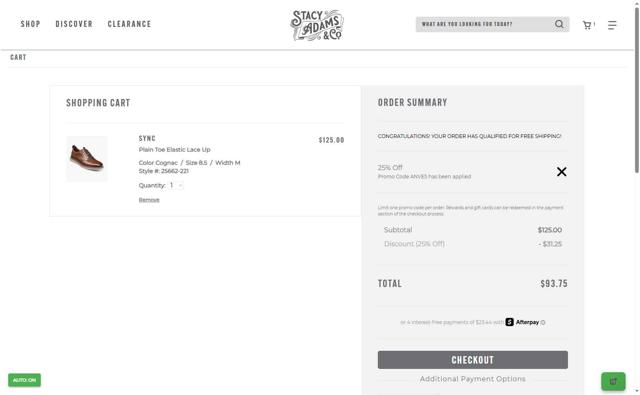 Stacy Adams checkout page showing Stacy Adams promo code box | Screenshot taken by SimplyCodes community member on Sep 3, 2025