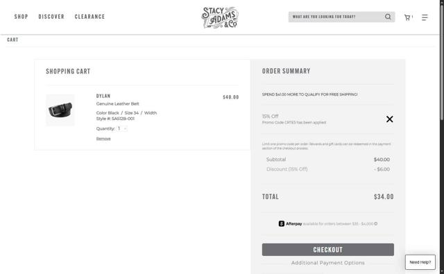 Stacy Adams checkout page showing Stacy Adams promo code box | Screenshot taken by SimplyCodes community member on Sep 3, 2025