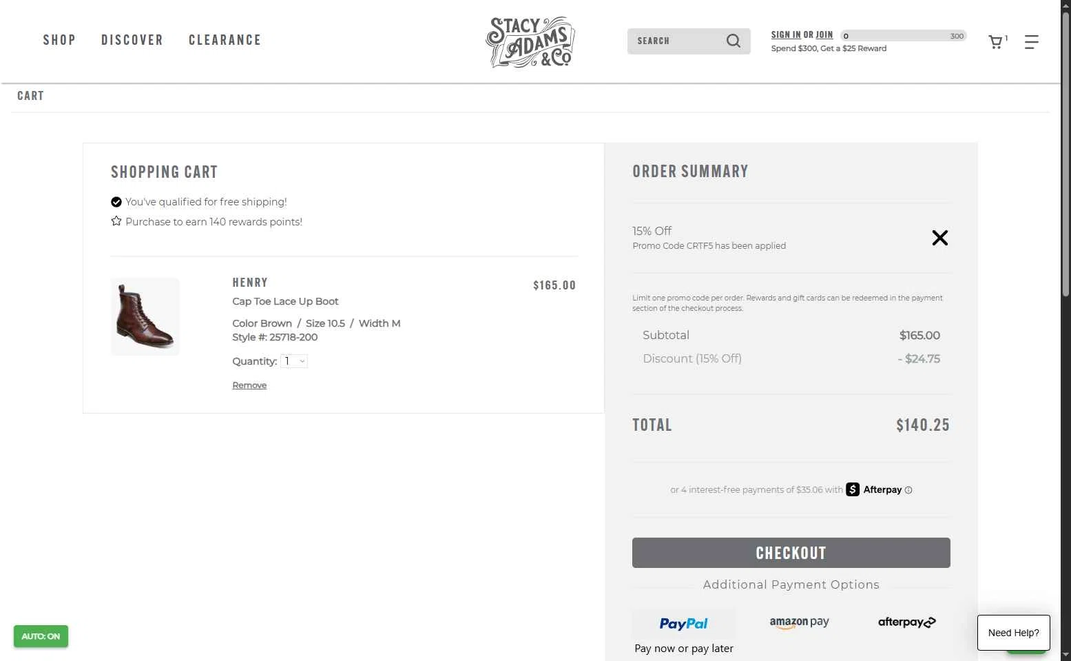 Stacy Adams checkout page showing Stacy Adams promo code box | Screenshot taken by SimplyCodes community member on Jan 13, 2026