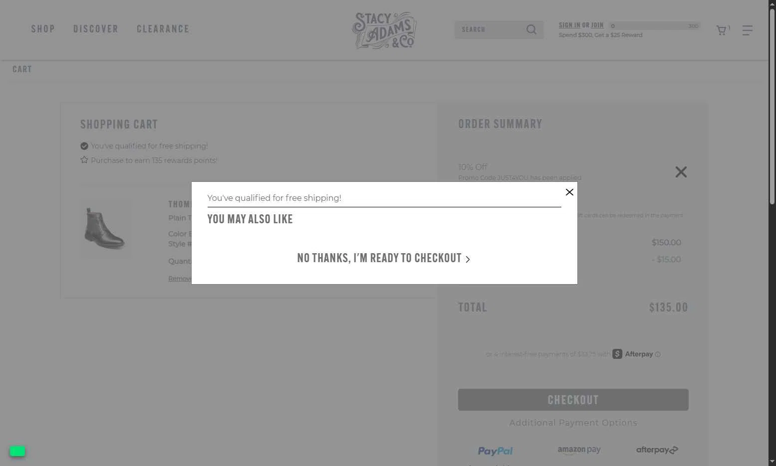 Stacy Adams checkout page showing Stacy Adams promo code box | Screenshot taken by SimplyCodes community member on Dec 21, 2025