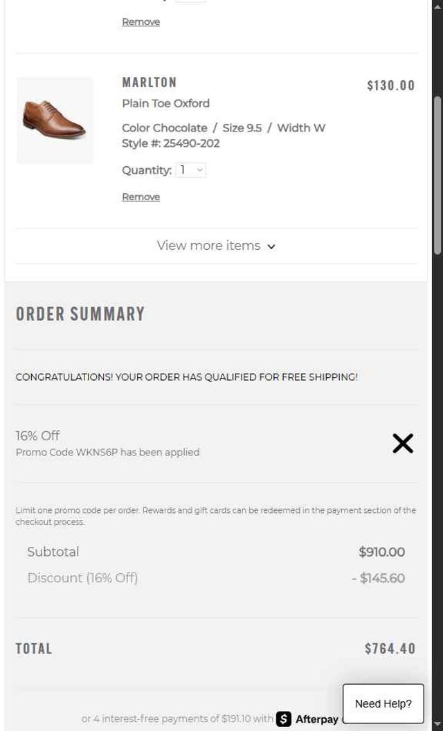 Stacy Adams checkout page showing Stacy Adams promo code box | Screenshot taken by SimplyCodes community member on Aug 26, 2025
