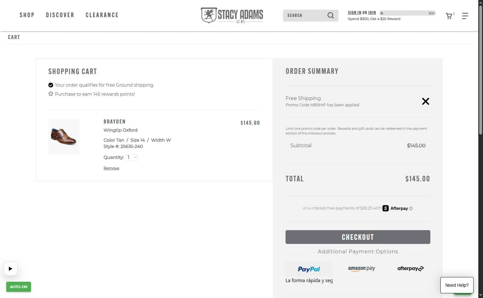 Stacy Adams checkout page showing Stacy Adams promo code box | Screenshot taken by SimplyCodes community member on Feb 6, 2026