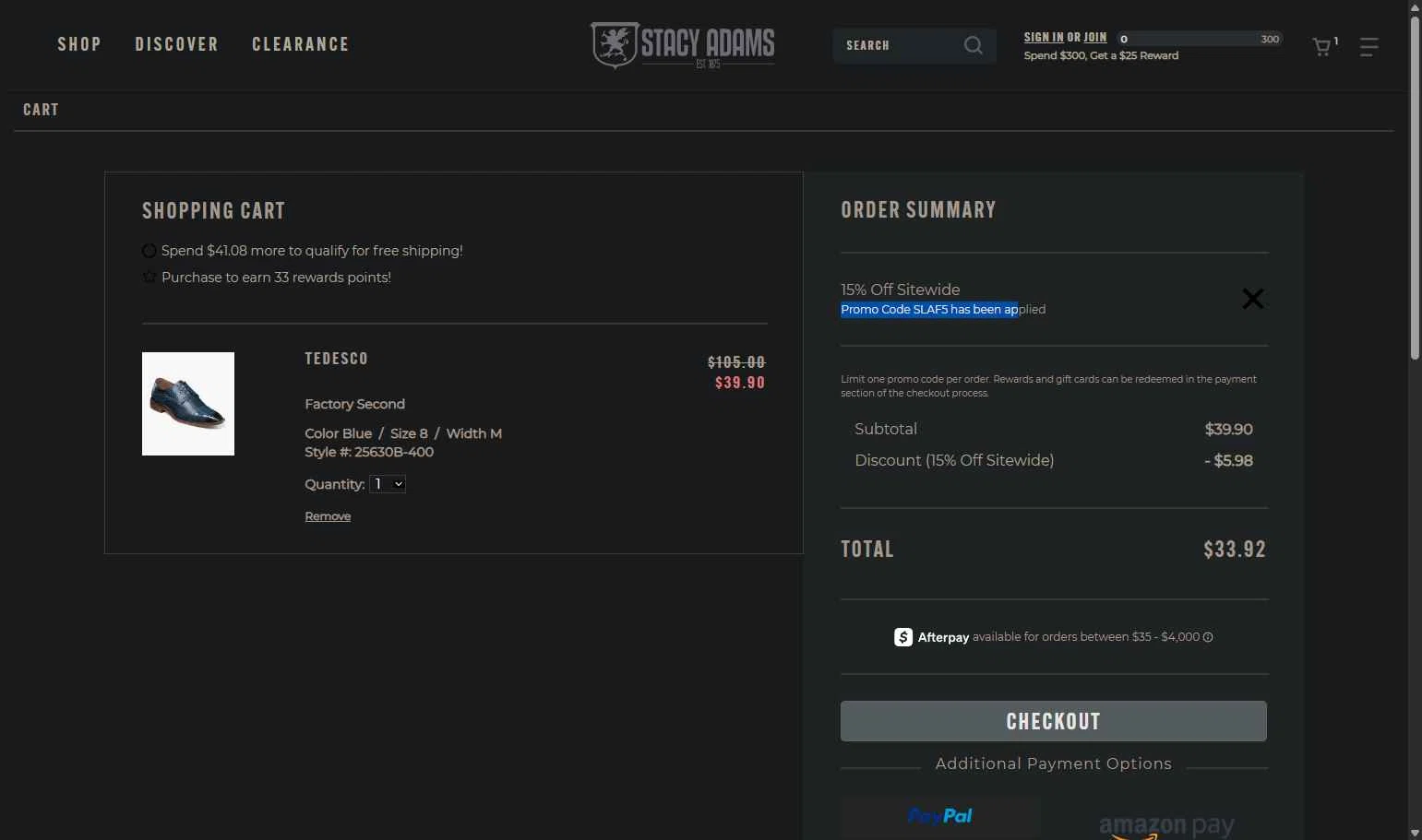 Stacy Adams checkout page showing Stacy Adams promo code box | Screenshot taken by SimplyCodes community member on Jan 31, 2026