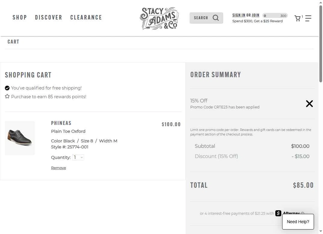 Stacy Adams checkout page showing Stacy Adams promo code box | Screenshot taken by SimplyCodes community member on Jan 19, 2026