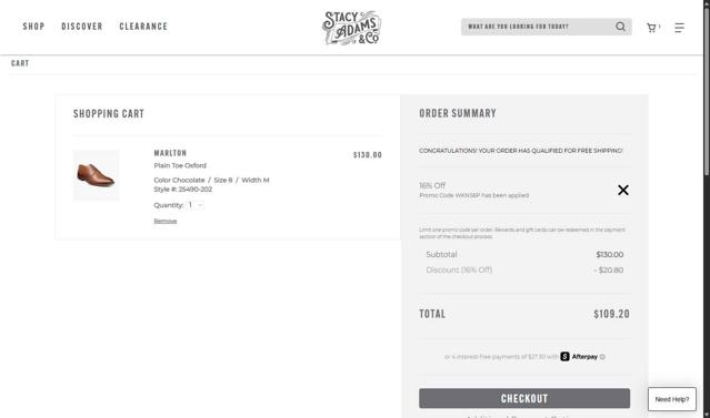 Stacy Adams checkout page showing Stacy Adams promo code box | Screenshot taken by SimplyCodes community member on Sep 24, 2025