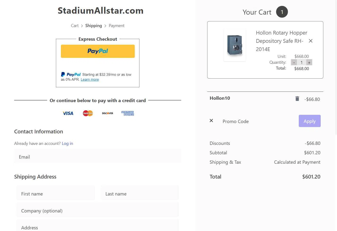 StadiumAllstar.com checkout page showing StadiumAllstar.com coupon code box | Screenshot taken by SimplyCodes community member on Nov 24, 2025