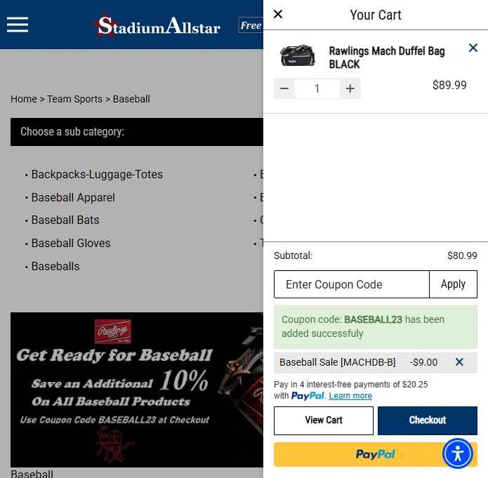 StadiumAllstar.com checkout page showing StadiumAllstar.com coupon code box | Screenshot taken by SimplyCodes community member on Feb 2, 2026
