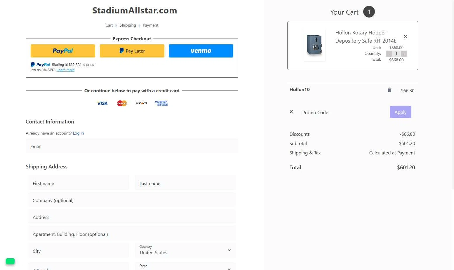 StadiumAllstar.com checkout page showing StadiumAllstar.com coupon code box | Screenshot taken by SimplyCodes community member on Dec 10, 2025