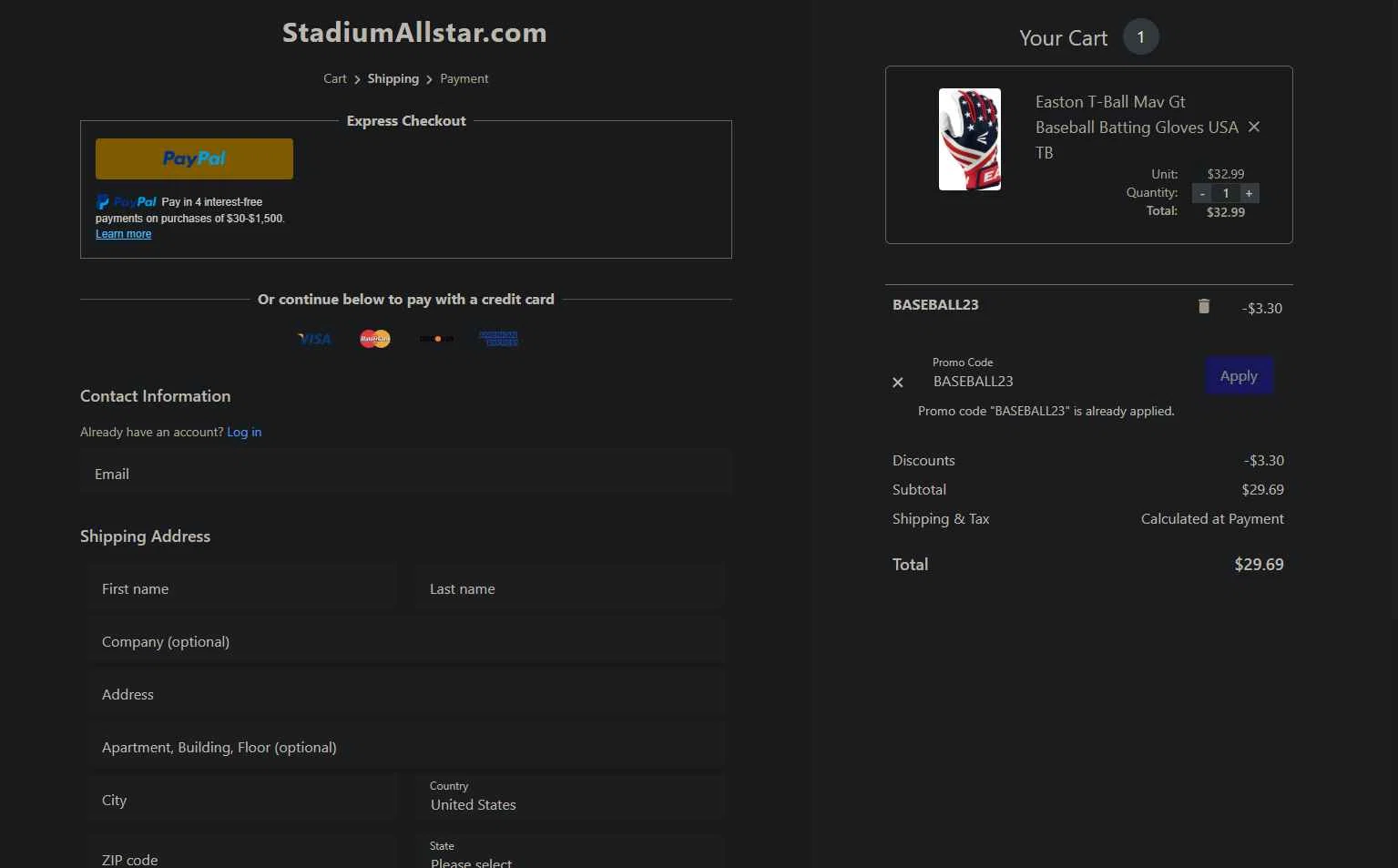 StadiumAllstar.com checkout page showing StadiumAllstar.com coupon code box | Screenshot taken by SimplyCodes community member on Jan 4, 2026