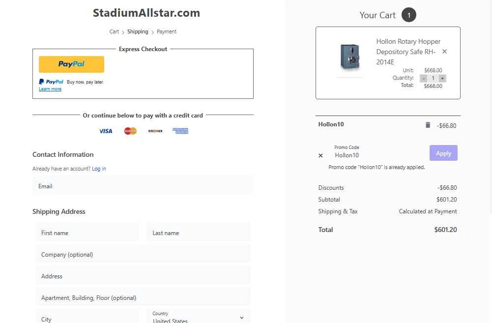 StadiumAllstar.com checkout page showing StadiumAllstar.com coupon code box | Screenshot taken by SimplyCodes community member on Feb 8, 2026