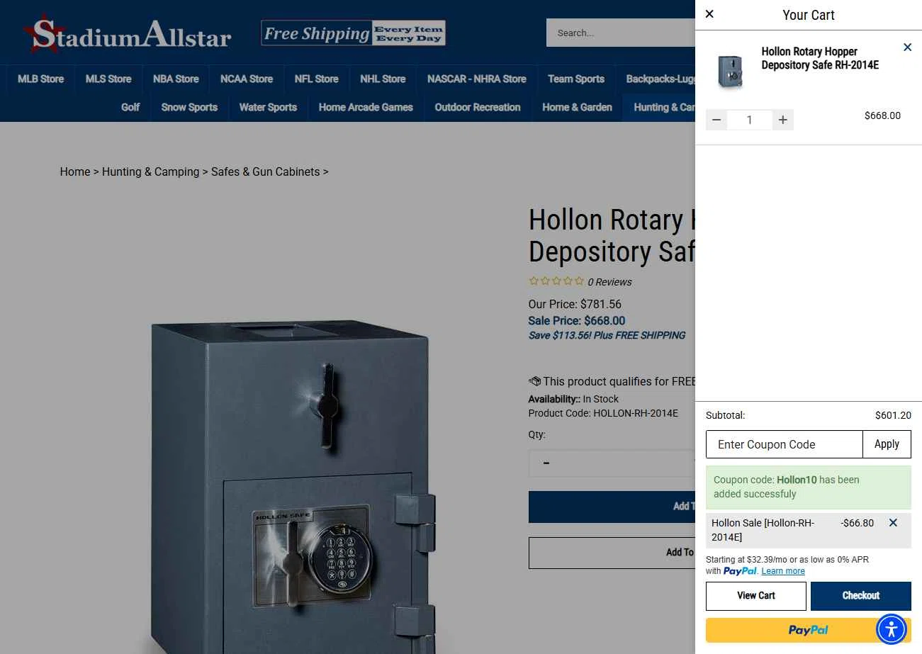 StadiumAllstar.com checkout page showing StadiumAllstar.com coupon code box | Screenshot taken by SimplyCodes community member on Dec 13, 2025