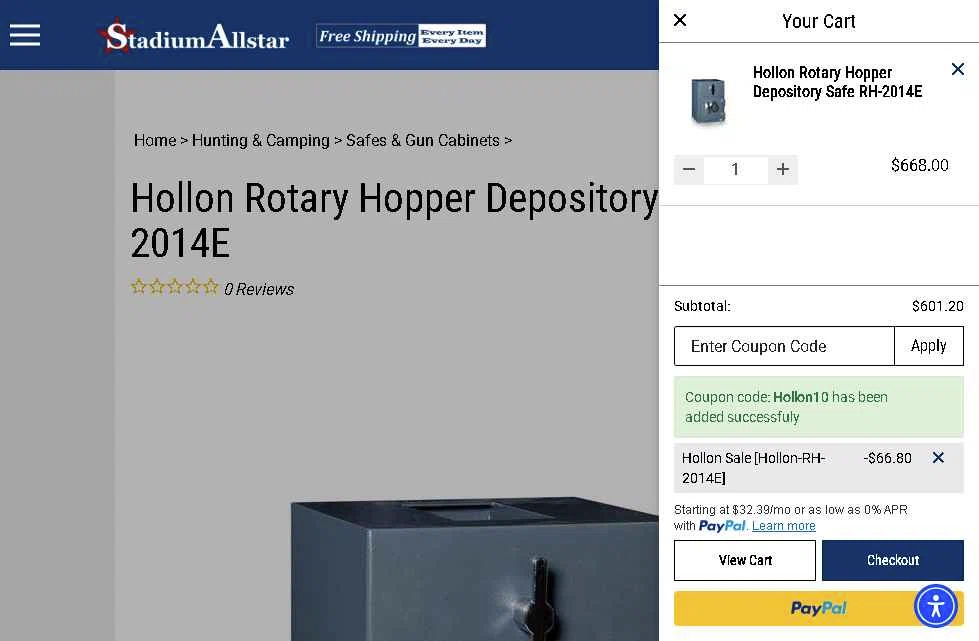 StadiumAllstar.com checkout page showing StadiumAllstar.com coupon code box | Screenshot taken by SimplyCodes community member on Dec 5, 2025