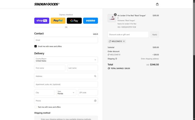 Stadium Goods checkout page showing Stadium Goods promo code box | Screenshot taken by SimplyCodes community member on Aug 21, 2025