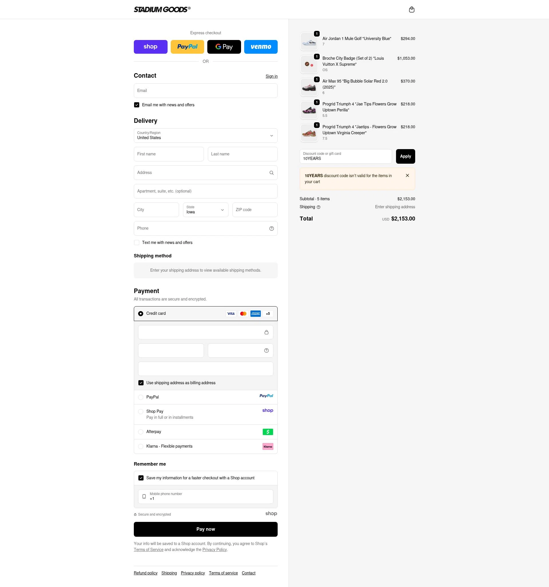 Stadium Goods checkout page showing Stadium Goods promo code box | Screenshot taken by SimplyCodes community member on Oct 14, 2025