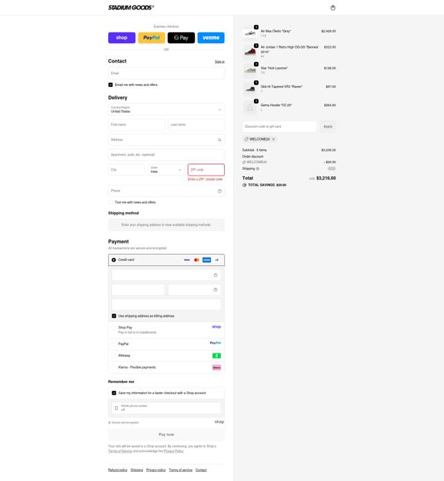 Stadium Goods checkout page showing Stadium Goods promo code box | Screenshot taken by SimplyCodes community member on Oct 7, 2025