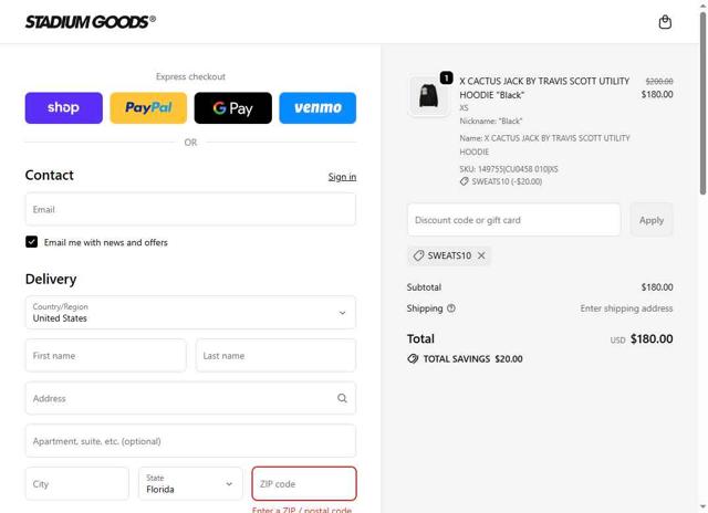 Stadium Goods checkout page showing Stadium Goods promo code box | Screenshot taken by SimplyCodes community member on Sep 23, 2025
