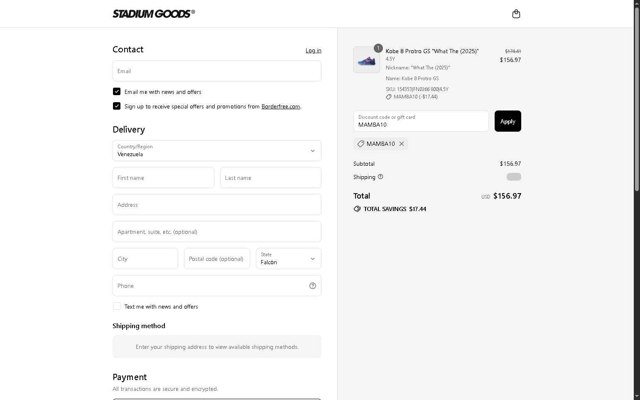 Stadium Goods checkout page showing Stadium Goods promo code box | Screenshot taken by SimplyCodes community member on Aug 24, 2025