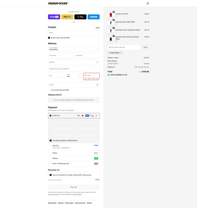 Stadium Goods checkout page showing Stadium Goods promo code box | Screenshot taken by SimplyCodes community member on Aug 19, 2025