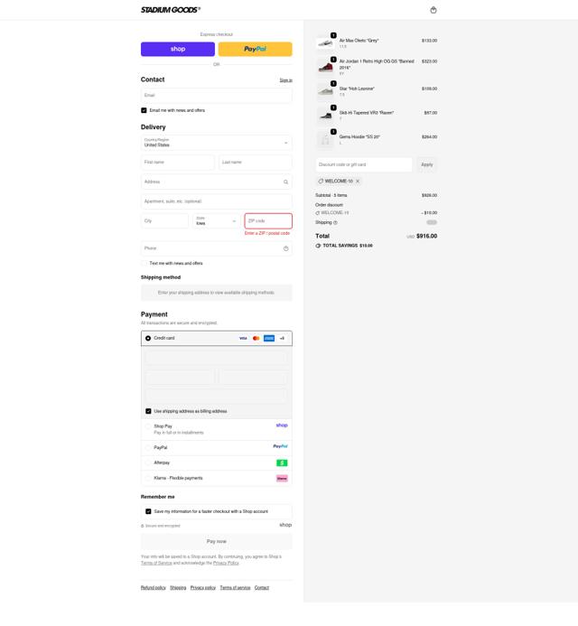 Stadium Goods checkout page showing Stadium Goods promo code box | Screenshot taken by SimplyCodes community member on Sep 21, 2025