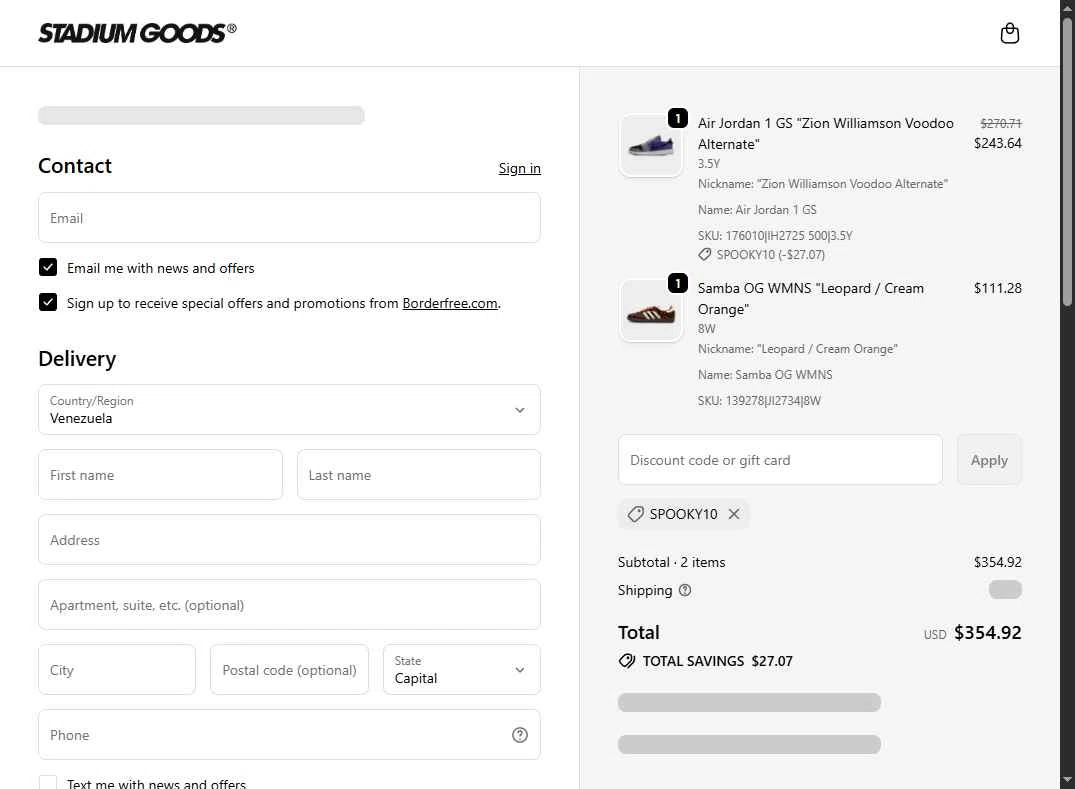 Stadium Goods checkout page showing Stadium Goods promo code box | Screenshot taken by SimplyCodes community member on Oct 25, 2025