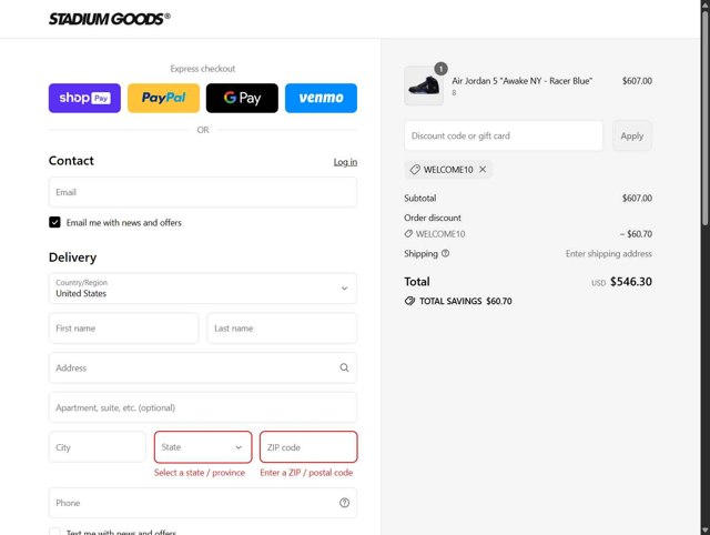 Stadium Goods checkout page showing Stadium Goods promo code box | Screenshot taken by SimplyCodes community member on Aug 26, 2025