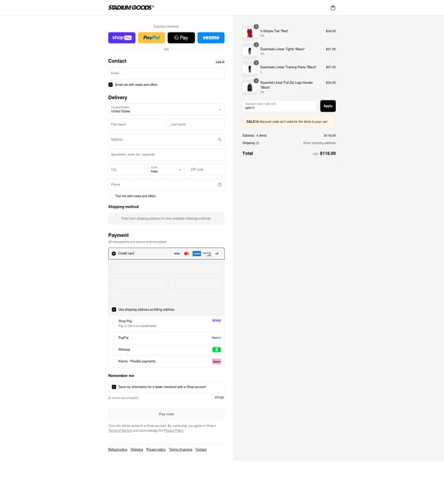 Stadium Goods checkout page showing Stadium Goods promo code box | Screenshot taken by SimplyCodes community member on Aug 17, 2025