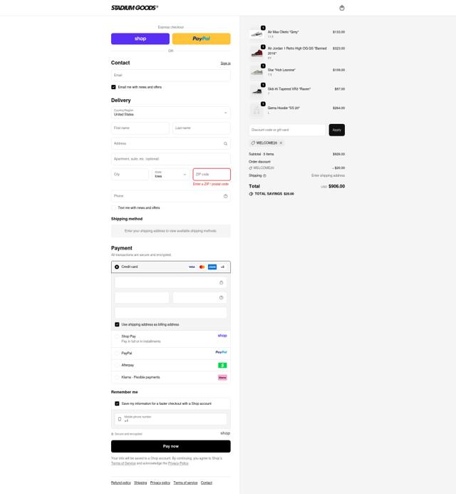 Stadium Goods checkout page showing Stadium Goods promo code box | Screenshot taken by SimplyCodes community member on Sep 21, 2025