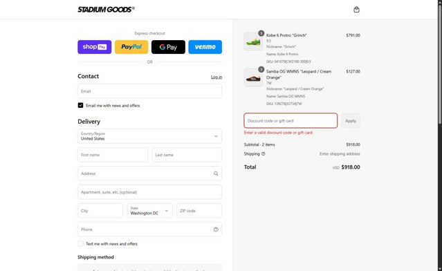 Stadium Goods checkout page showing Stadium Goods promo code box | Screenshot taken by SimplyCodes community member on Aug 27, 2025