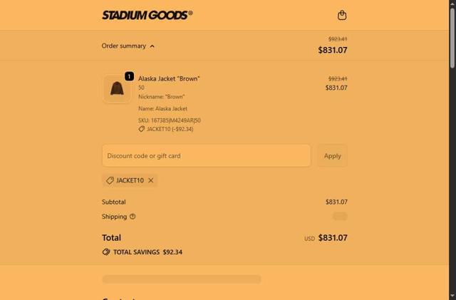 Stadium Goods checkout page showing Stadium Goods promo code box | Screenshot taken by SimplyCodes community member on Sep 25, 2025