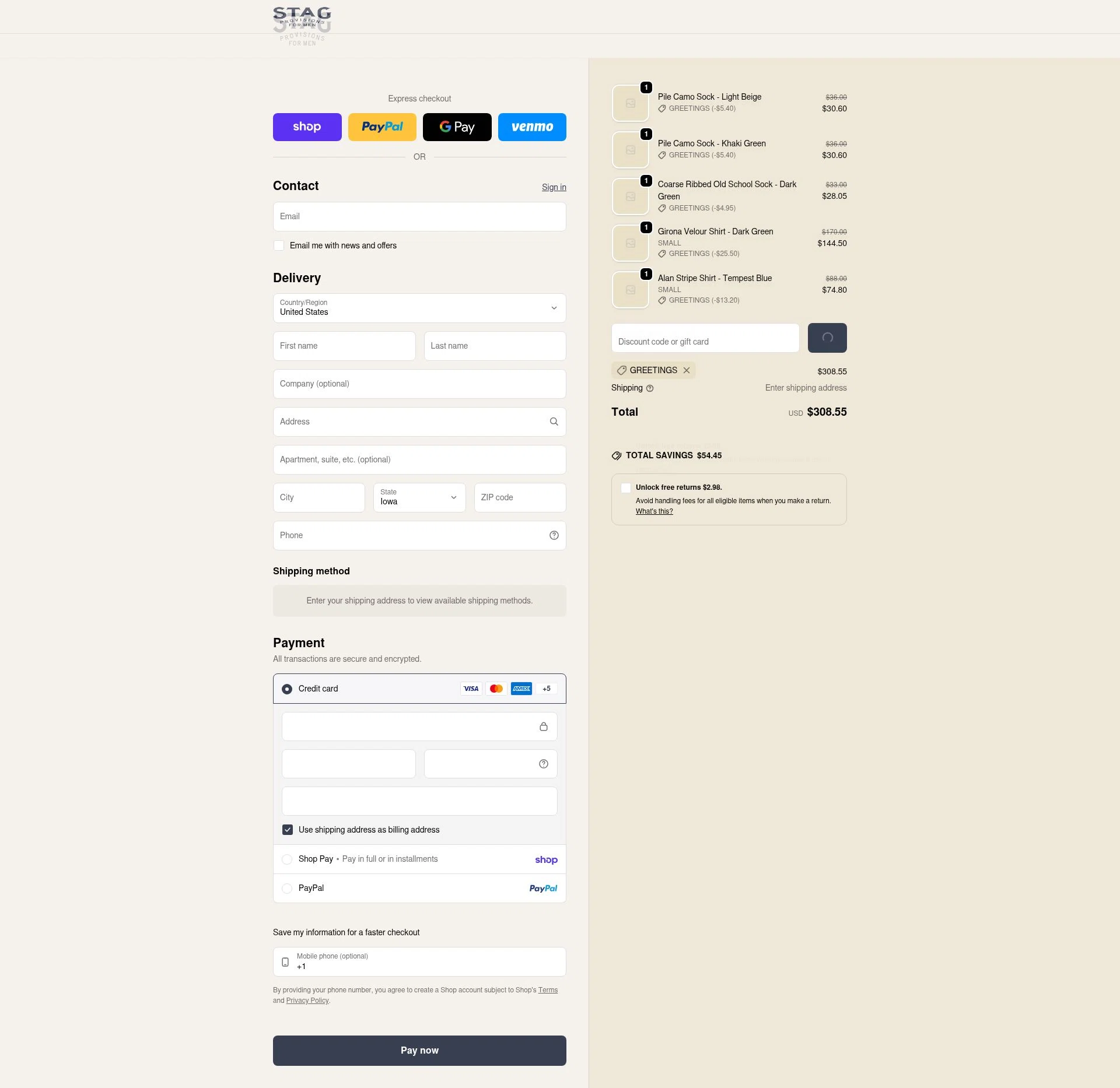 Stag checkout page showing Stag promo code box | Screenshot taken by SimplyCodes community member on Feb 10, 2026