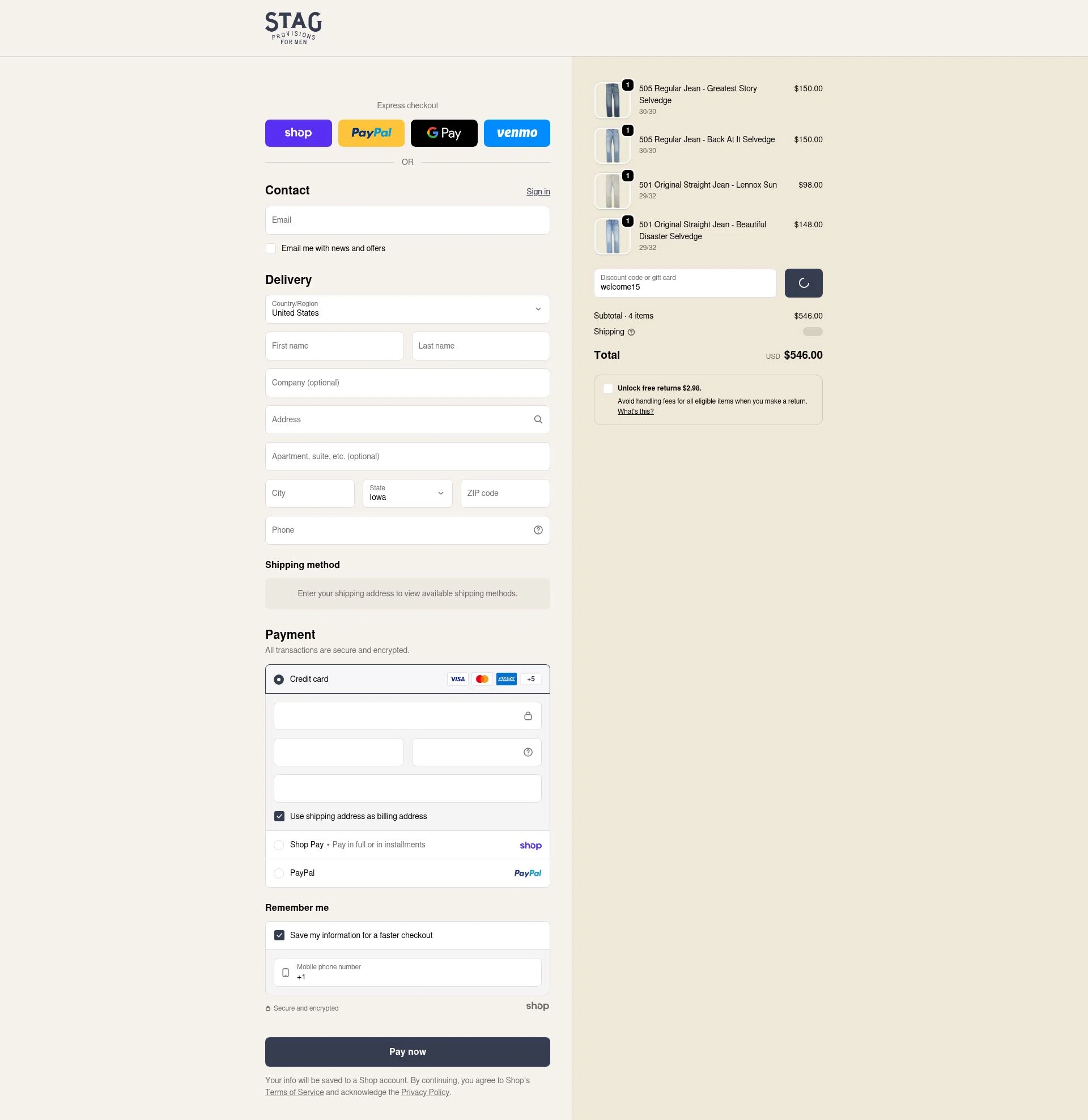 Stag checkout page showing Stag promo code box | Screenshot taken by SimplyCodes community member on Jan 27, 2026