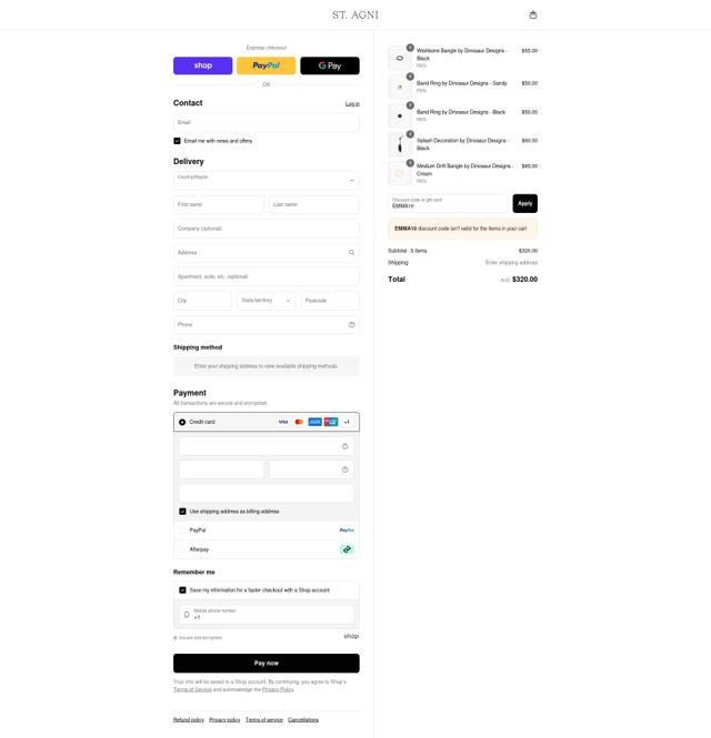 St. Agni checkout page showing St. Agni promo code box | Screenshot taken by SimplyCodes community member on Sep 4, 2025