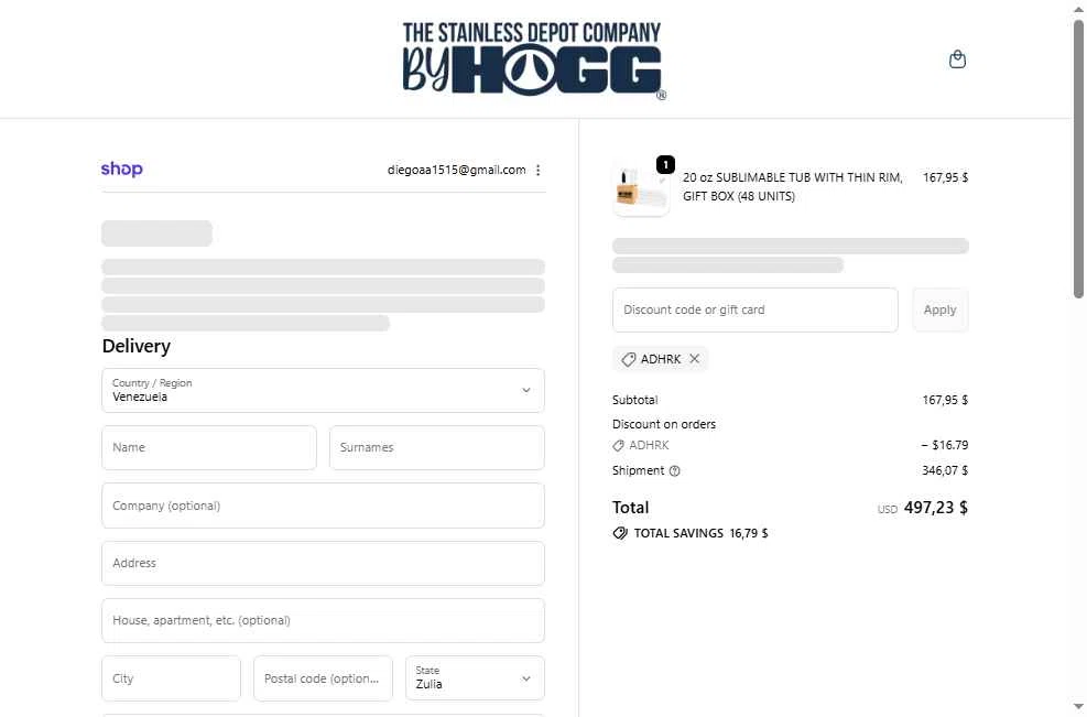 The Stainless Depot checkout page showing The Stainless Depot discount code box | Screenshot taken by SimplyCodes community member on Feb 7, 2026