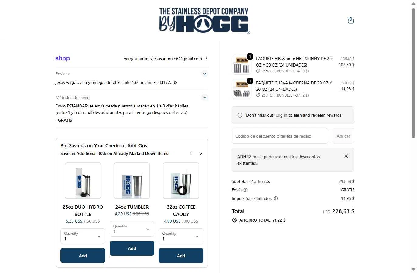 The Stainless Depot checkout page showing The Stainless Depot discount code box | Screenshot taken by SimplyCodes community member on Feb 7, 2026