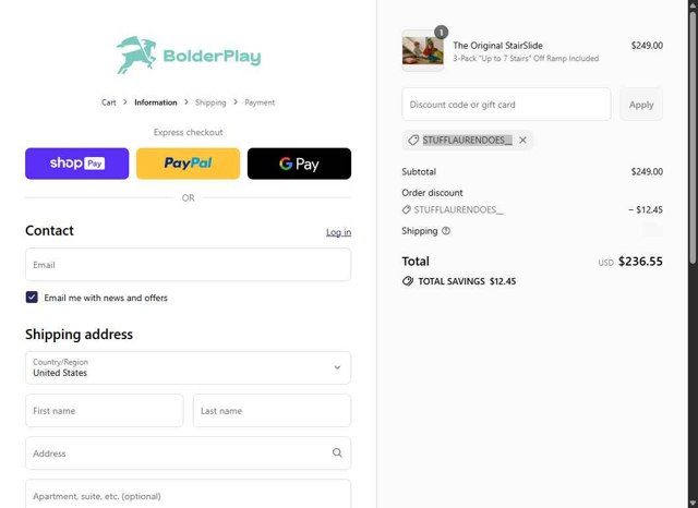Stairslide checkout page showing Stairslide discount code box | Screenshot taken by SimplyCodes community member on Jul 15, 2025