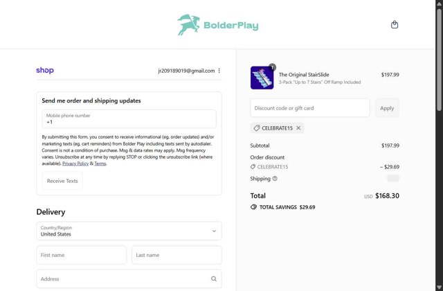 Stairslide checkout page showing Stairslide discount code box | Screenshot taken by SimplyCodes community member on Aug 30, 2025