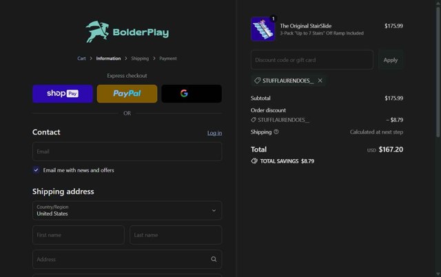 Stairslide checkout page showing Stairslide discount code box | Screenshot taken by SimplyCodes community member on Aug 13, 2025