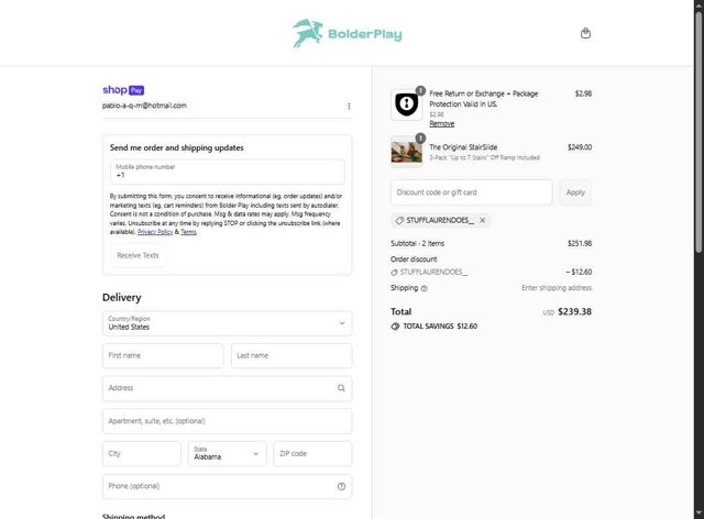 Stairslide checkout page showing Stairslide discount code box | Screenshot taken by SimplyCodes community member on Jul 15, 2025