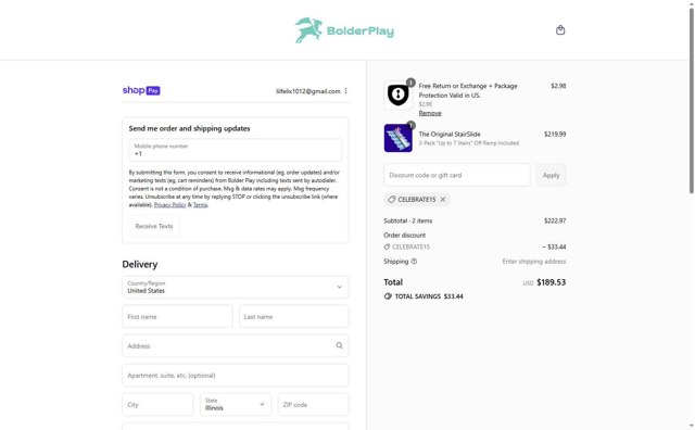 Stairslide checkout page showing Stairslide discount code box | Screenshot taken by SimplyCodes community member on Aug 1, 2025