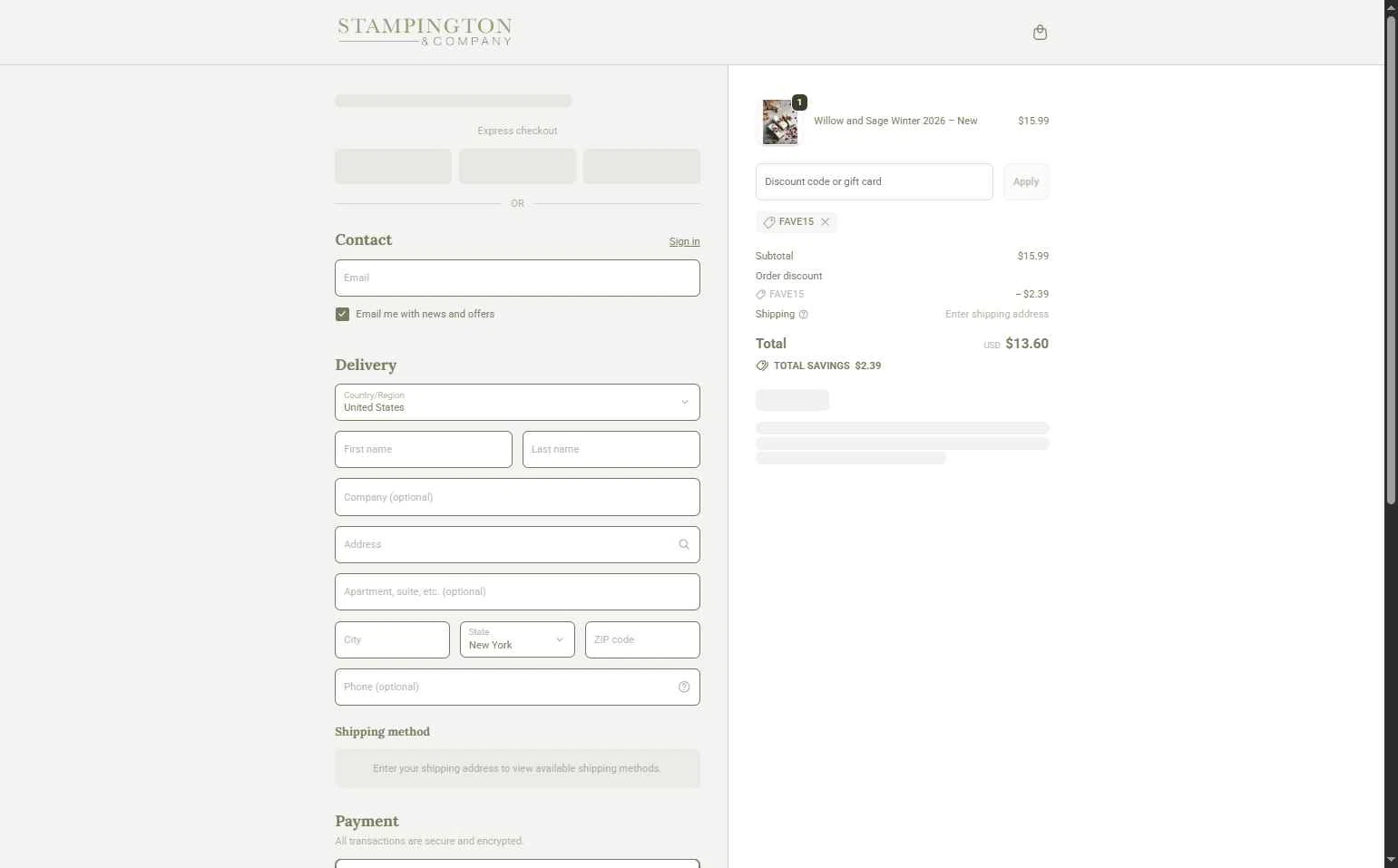 Stampington & Company checkout page showing Stampington & Company coupon code box | Screenshot taken by SimplyCodes community member on Dec 13, 2025