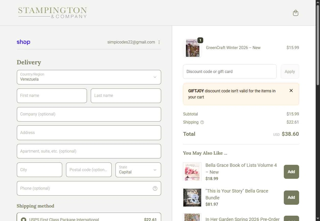 Stampington & Company checkout page showing Stampington & Company coupon code box | Screenshot taken by SimplyCodes community member on Jan 4, 2026