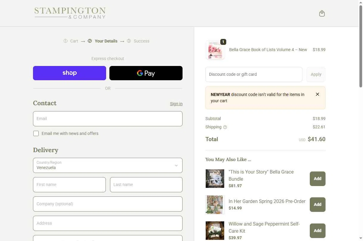 Stampington & Company checkout page showing Stampington & Company coupon code box | Screenshot taken by SimplyCodes community member on Dec 27, 2025