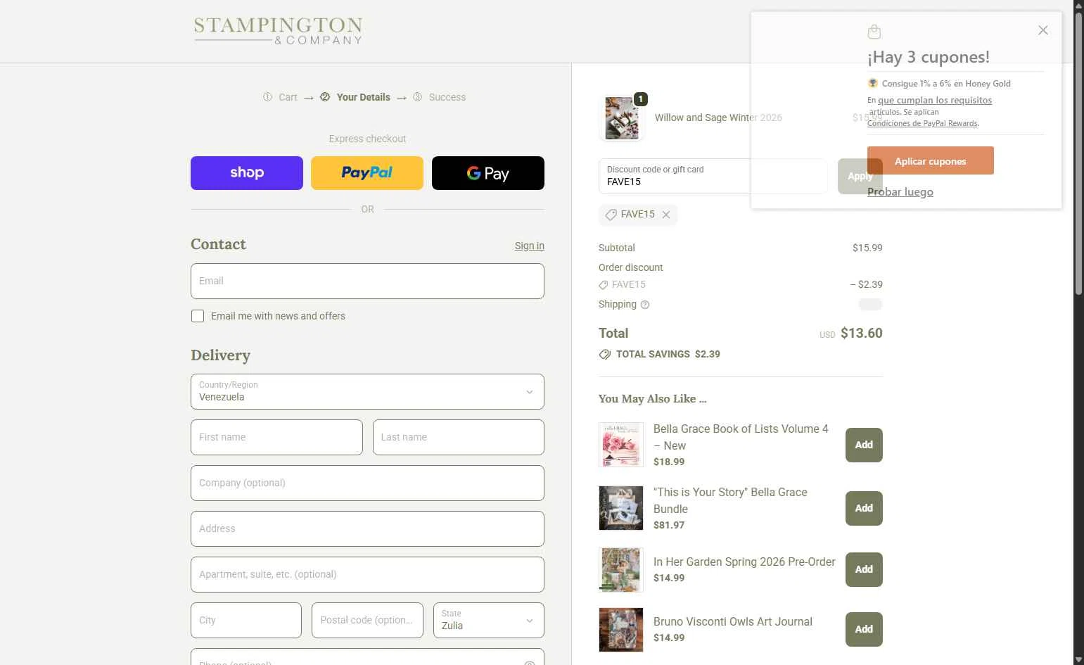 Stampington & Company checkout page showing Stampington & Company coupon code box | Screenshot taken by SimplyCodes community member on Jan 4, 2026