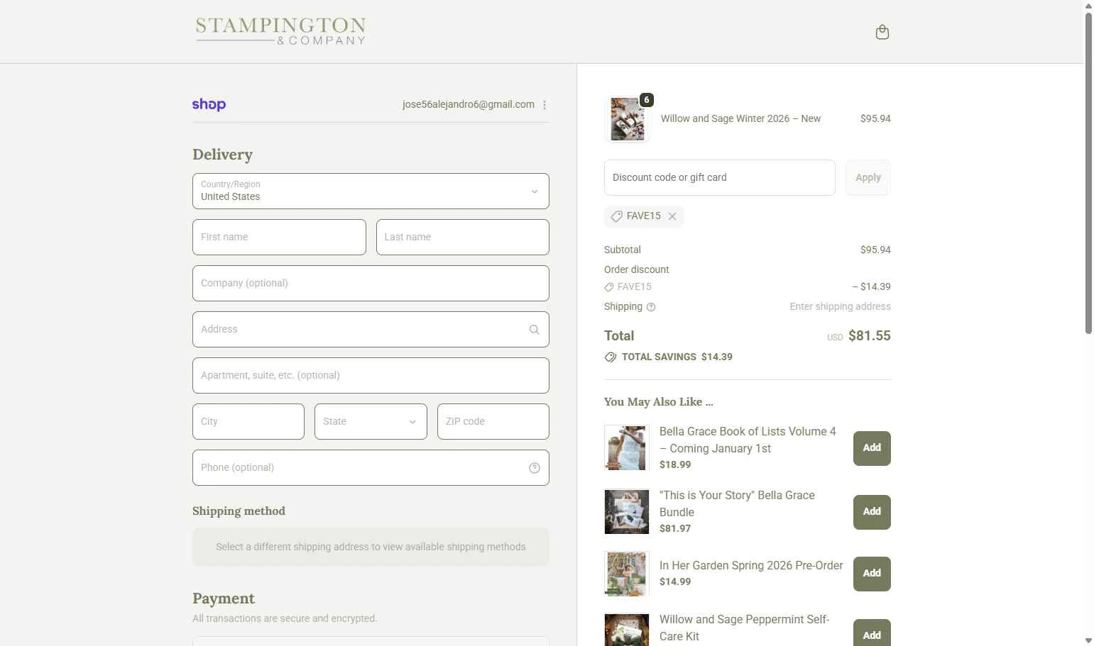 Stampington & Company checkout page showing Stampington & Company coupon code box | Screenshot taken by SimplyCodes community member on Dec 24, 2025