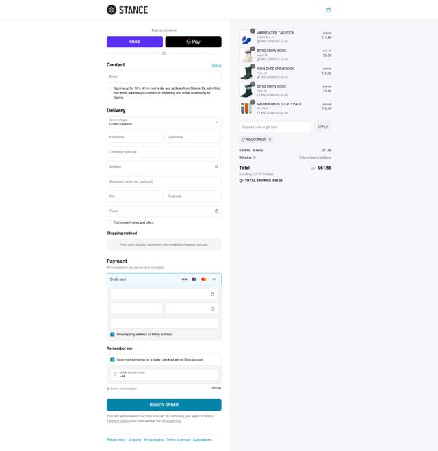 Stance Europe checkout page showing Stance Europe discount code box | Screenshot taken by SimplyCodes community member on Sep 11, 2025