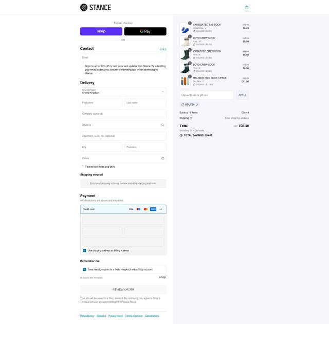 Stance Europe checkout page showing Stance Europe discount code box | Screenshot taken by SimplyCodes community member on Sep 7, 2025