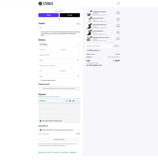 Stance Europe checkout page showing Stance Europe discount code box | Screenshot taken by SimplyCodes community member on Sep 11, 2025